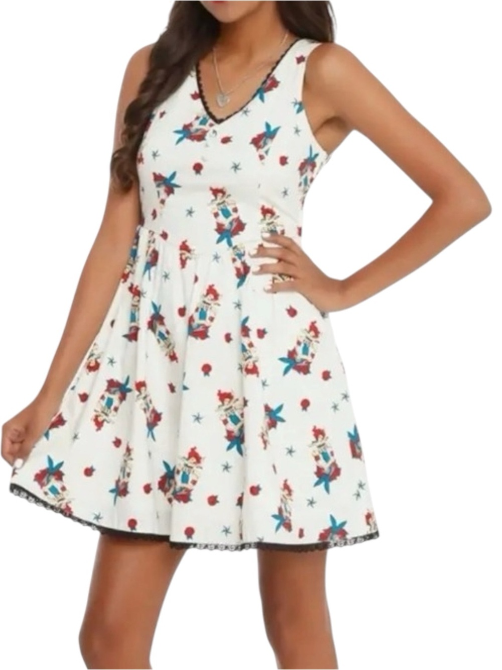 🧜‍♀️Vintage Disney Ariel Sleeveless Dress With Ariel Print Lace Trim S🧜‍♂️